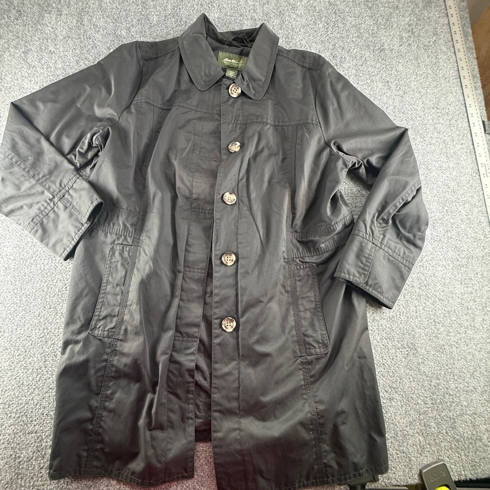 Eddie Bauer Womens Black Button Front Trench Coat Jacket XL Cotton Nylon Lined